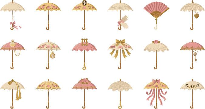 Elegant vintage coquette parasol and hand fan vector icon set with lace bows frills ribbons and pink floral patterns,