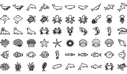 Fototapeta premium Ocean Marine Animal Outline Icons Vector Collection with Sea Creature Symbols