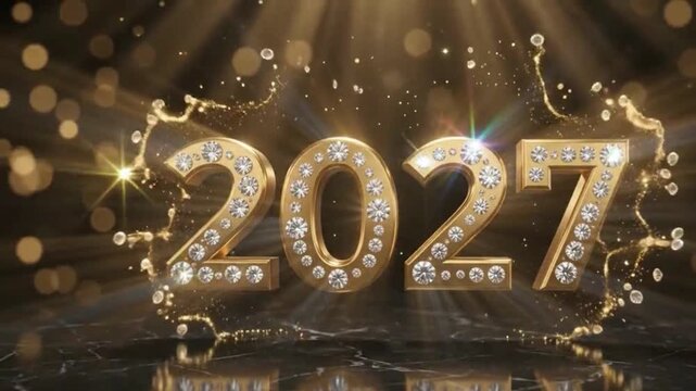 Luxury 2027 golden title reveal with premium metallic finish sparkling particles and elegant cinematic lighting