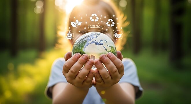 Young child holding a glass globe with environmental icons, with a blurred forest background