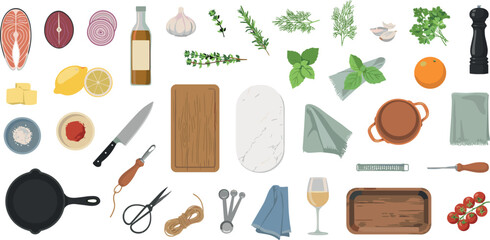 Gourmet cooking ingredients and kitchen utensils set with salmon steak herbs skillet and cutting board vector