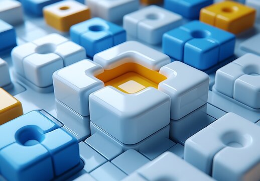 Interlocking plastic blocks, puzzle pieces in blue, white, and yellow interlocking blocks