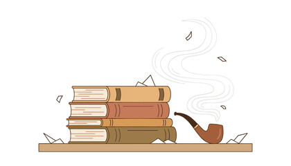 Fototapeta premium Stack of books on shelf with smoking tobacco pipe and floating paper remnants.
