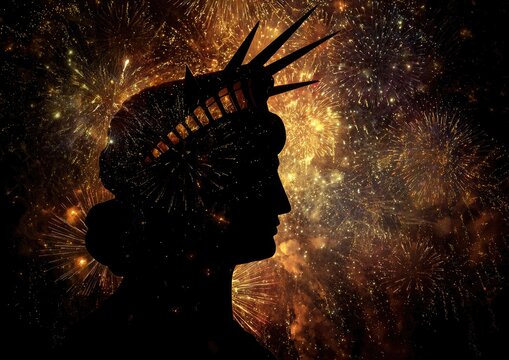Silhouette of a famous statue's profile against a backdrop of vibrant, golden fireworks