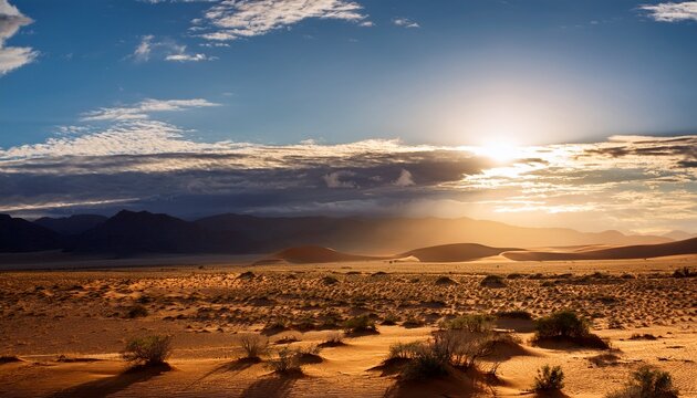 Dramatic Evening Light Casting Shadows Across A Desert Field
