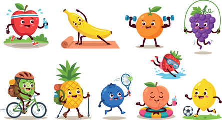 Kawaii healthy fitness fruits character collection with grape skipping rope pineapple hiking blueberry tennis peach trampoline and lemon soccer player illustrations © Md