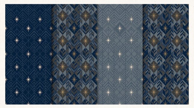 Collection of luxury dark blue and gold seamless geometric patterns with winter stars and abstract lines for holiday background

