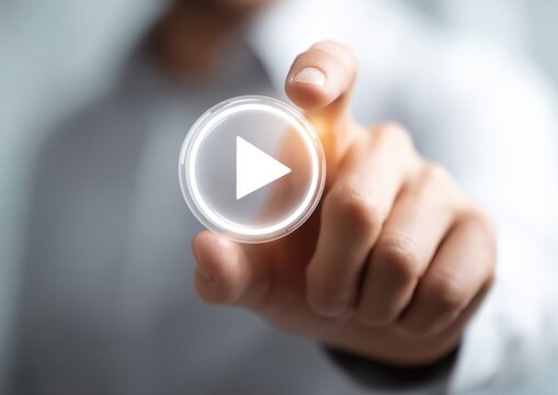 Businessman pressing play button on digital interactive interface with interface technology interactive business hologram communication streaming multimedia activation corporate