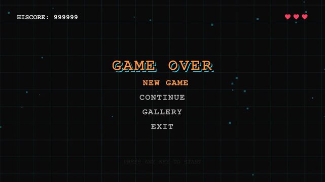 Retro game menu interface featuring orange pixel game over text with glitch effects and flickering stars.