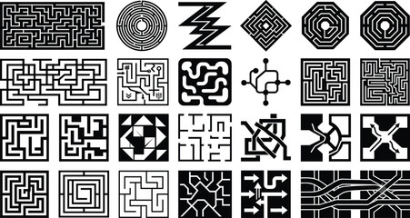 Fototapeta premium Maze Puzzle and Labyrinth Vector Icon Collection with Geometric Path Design Set
