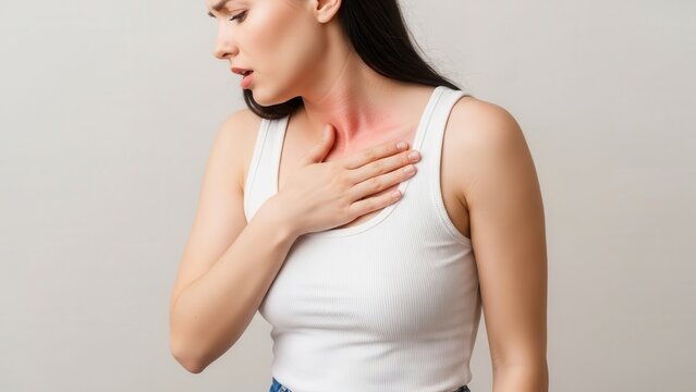 Young woman feeling chest pain and breathing difficulty