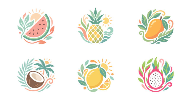 Pastel tropical fruit emblem collection featuring watermelon pineapple and exotic dragonfruit