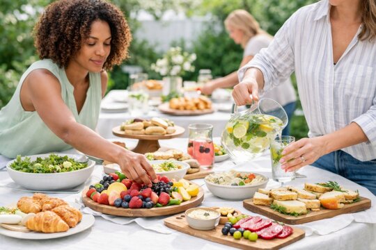 Outdoor backyard bbq party with diverse people enjoying food, perfect for summer setting