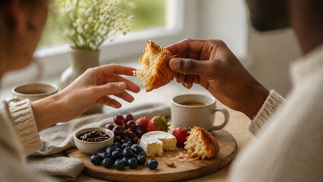 Breakfast grazing board with fruit, jam, and coffee, perfect for brunch setting