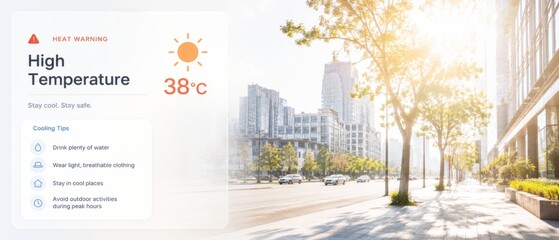 Naklejka premium Heatwave warning with high temperature alert and urban summer street background