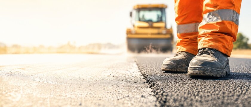 Road construction worker with heavy machinery in hot summer, heatwave concept