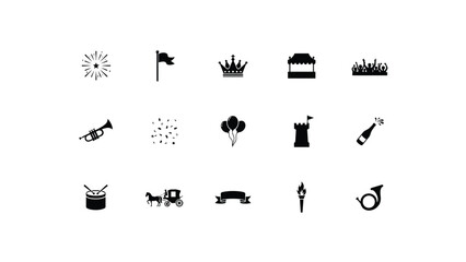 Celebration icons set featuring royalty music fireworks and festive symbols in minimalist black vector style with festive elements arranged clean grid layout © Sourav Bairagi