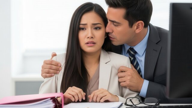 Uncomfortable woman feeling harassed by a man whispering in her ear at an office desk