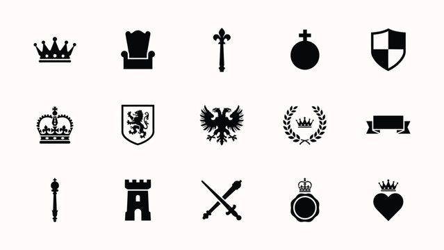 Elegant black and white royal heraldic symbols collection flat vector icons with symbolic emblems against clean white background flat style heraldic icons
