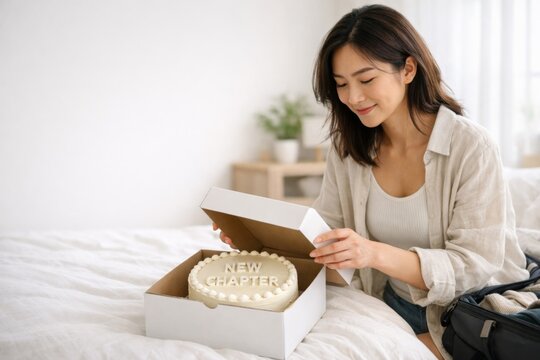 Asian woman opening cake box with new chapter icing on bed, lifestyle moment