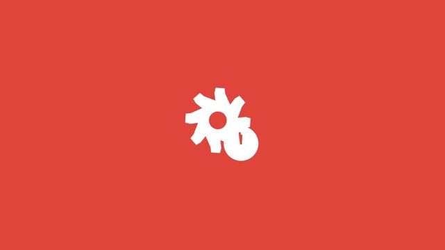 white gear and clock time icon on a solid red background