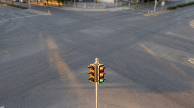 Traffic Light Control at Intersection, Urban Setting, Aerial View, Minimalist Design