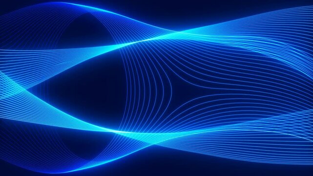 Abstract blue glowing lines forming dynamic wave patterns on a dark background, symbolizing digital technology, data flow, and modern connectivity