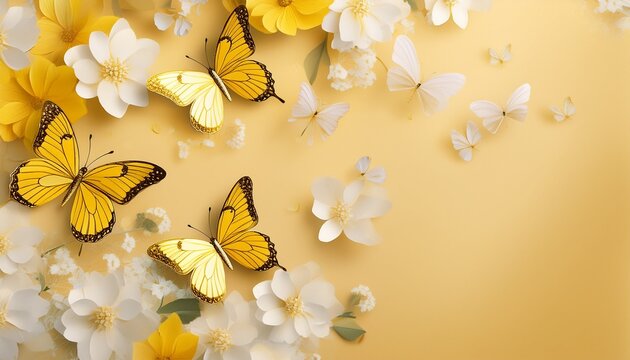 Yellow Butterflies And White Flowers On A Pastel Yellow Background