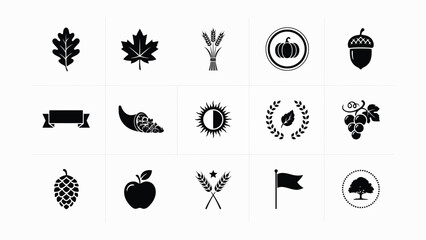Elegant black and white harvest season icon set with showcases refined collection twelve minimalist icons © Sourav Bairagi