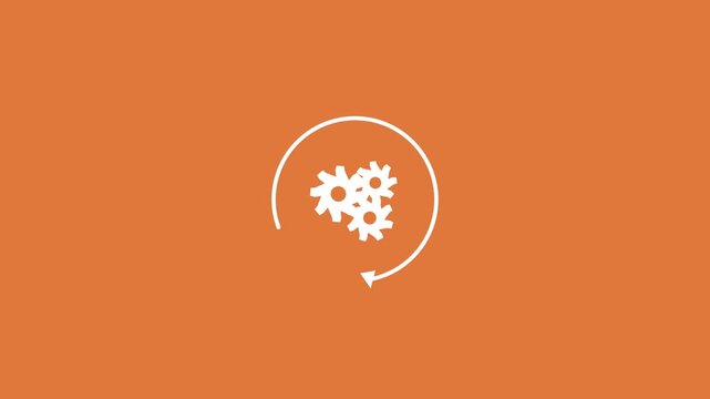 white gears with a circular arrow process icon on a solid orange background