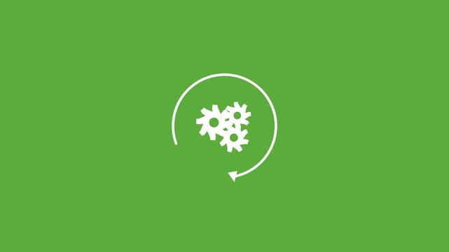 white gears with a circular arrow process icon on a solid green background