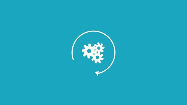 white gears with a circular arrow process icon on a solid cyan background
