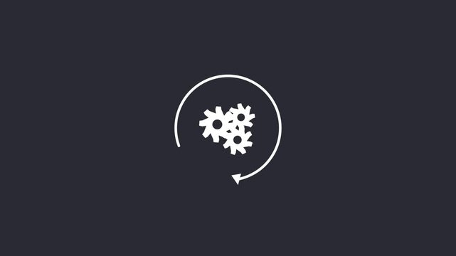 white gears with a circular arrow process icon on a solid dark background