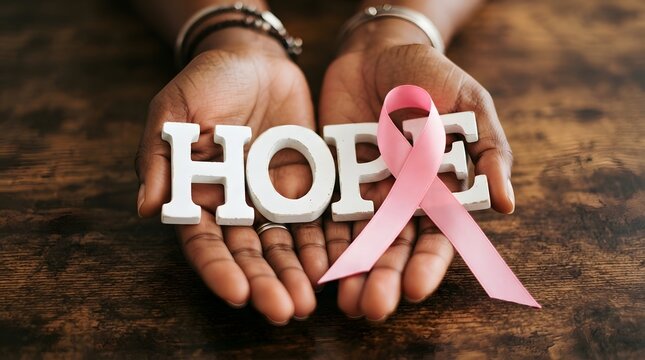 Hope and support for breast cancer awareness month pink ribbon in hands