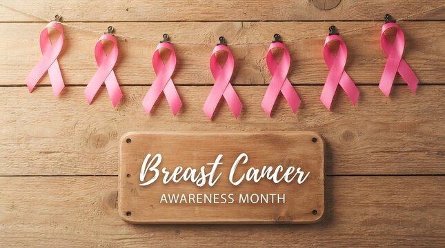 Breast cancer awareness month pink ribbons on wood support hope and prevention
