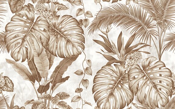 Seamless pattern with tropical monstera leaves and palm fronds in a vintage botanical sketch style