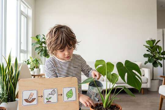 Young Child Watering Houseplants Using Step by Step Visual Plant Care Routine