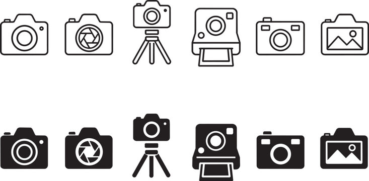Minimalist camera icon set, professional photography equipment symbols, 12 vector camera line and glyph icons for web and app design