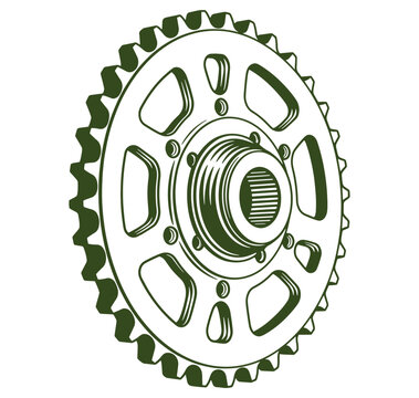 green bicycle gear cogwheel with toothed rim and central axle hole isolated on white background