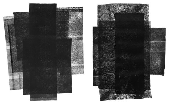 Linocut, letterpress relief printing layered rectangle textures. Black and white artistic text backgrounds with rough uneven geometric edge. Paint roller stains, wide textured lino ink remains