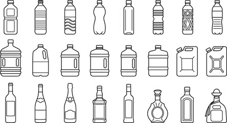 Plastic water bottles, large containers, and alcohol glass bottles vector line icon set featuring canisters, wine, whiskey, and champagne bottles isolated on white background..eps © MdAzahar