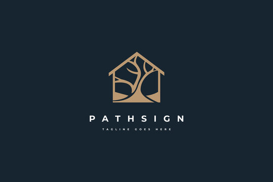 House with tree path of sign logo design vector illustration.