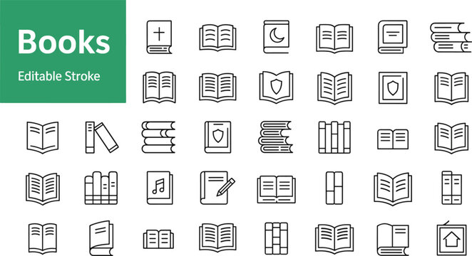 Education and literature line icon set featuring open books dictionary notebook textbook stack and library study elements
