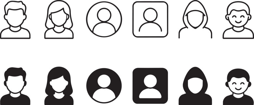 Minimalist profile avatar icons set, 12 user account vector symbols, black and white human head silhouettes for web interface and mobile app design