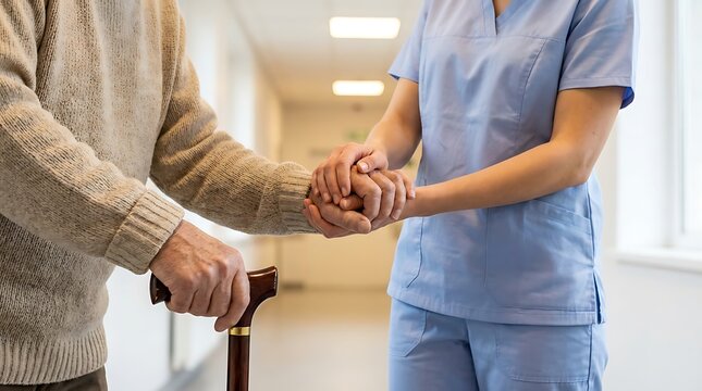 Nurse assisting elderly patient with walking cane in hospital hallway