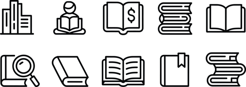 Financial accounting dictionary line icon pack with book stacks magnify glass investigator reader and library shelf symbols