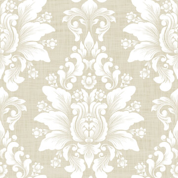 White Floral Damask Seamless Pattern on Warm Beige Linen Texture