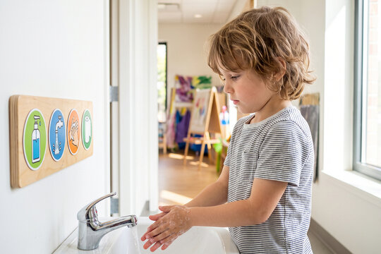 Young Child Washing Hands Using Step by Step Visual Hygiene Routine