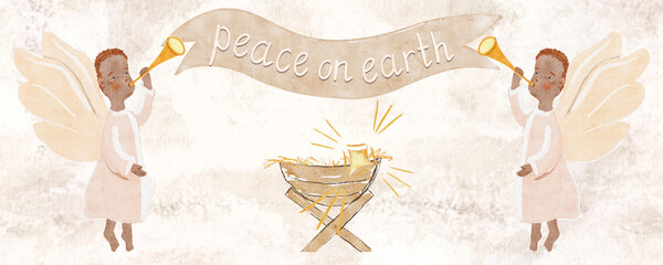 A pair of gentle watercolor angels with ribbon with elegant Peace on earth lettering, baby Jesus manger, star perfect for Christmas card, decor, inspirational holiday designs. Cloud-white background
