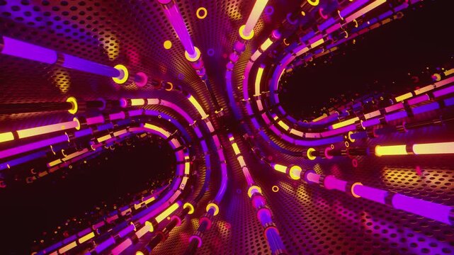 Hypnotic seamless loop of a futuristic geometric carousel. Abstract digital system made of curving light tracks, orbital particle pathways and grid metal textures, creating high technology background.